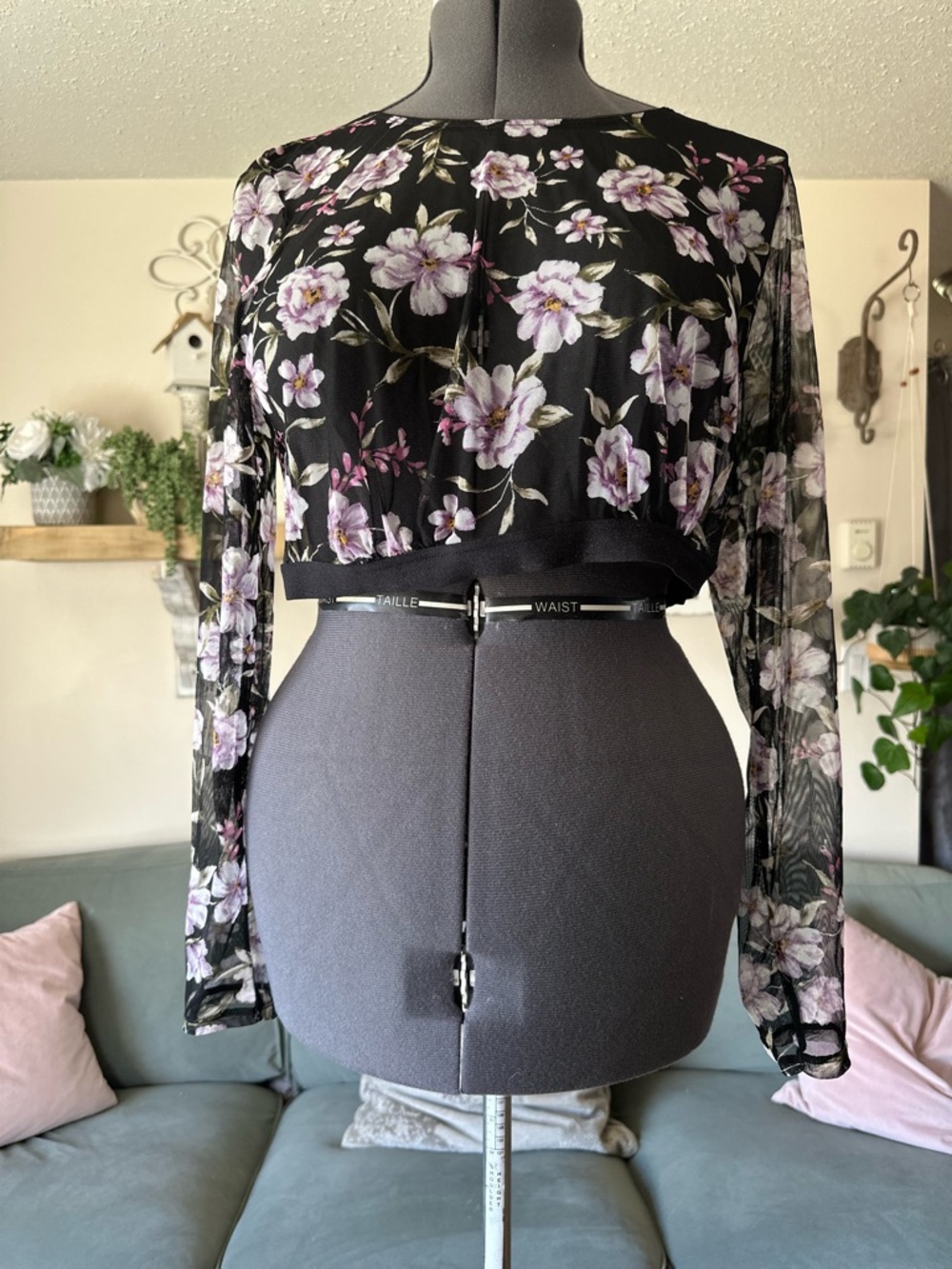 Sheer Black Floral Long-Sleeve Crop Top